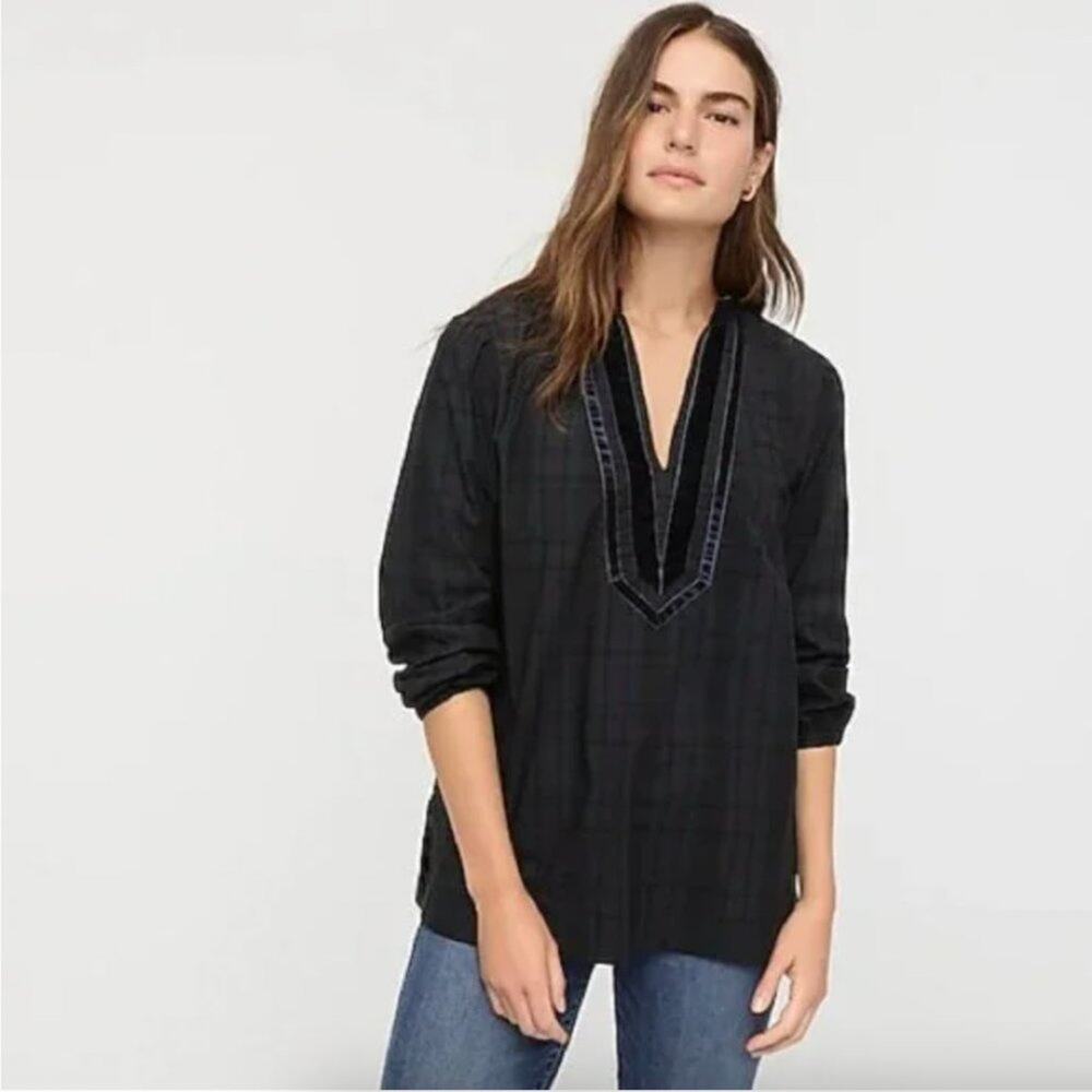 J. Crew Velvet-Trim V-Neck Tartan Print Tunic